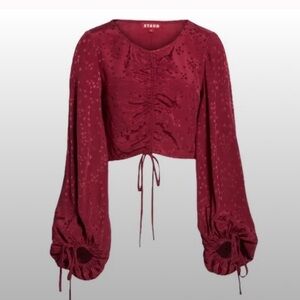 Staud Mars Star Jacquard Woven Ruched Crop Top Long Sleeve Ties large burgundy